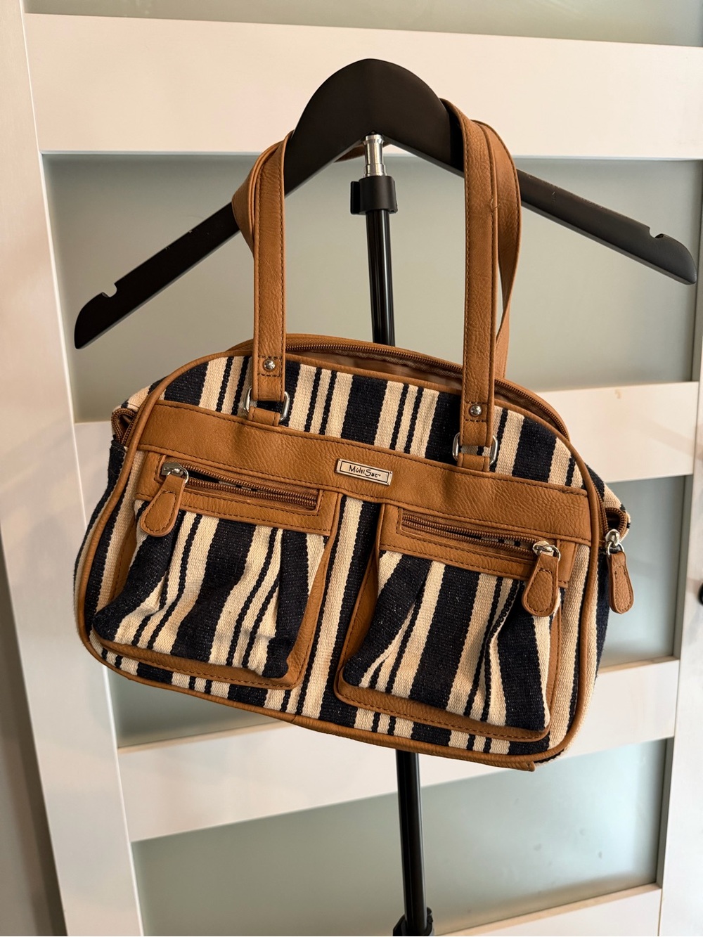 Striped Navy & Tan Women's Shoulder Bag with Front Pockets